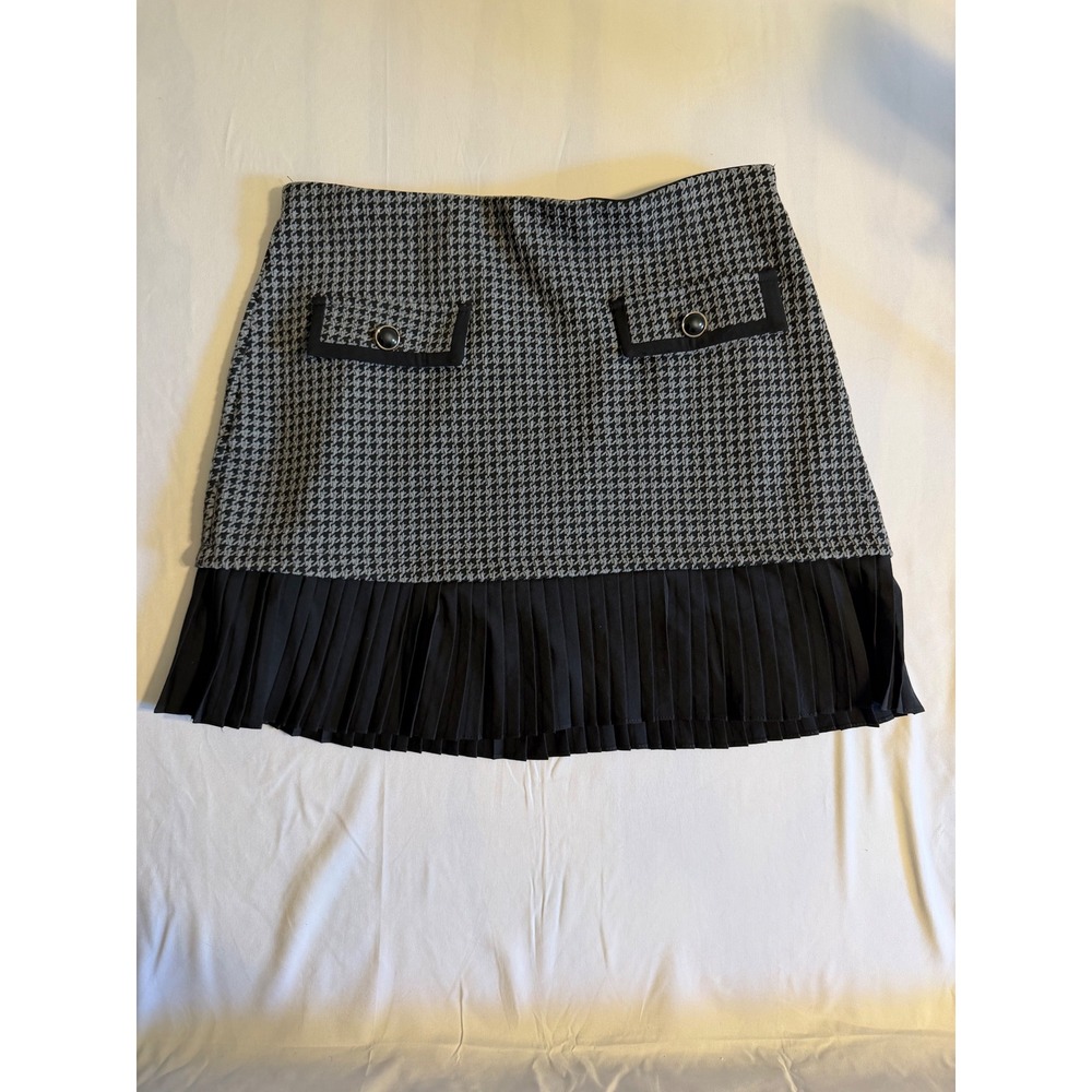 Kate Kasin XL Houndstooth Mini Skirt Black White Pleated Ruffle Hem Office Chic - Picture 2 of 7